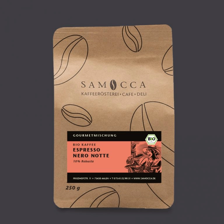250 Gramm Papier-Espressopackung der Sorte "Nero Notte" der Genussmanufaktur Samocca