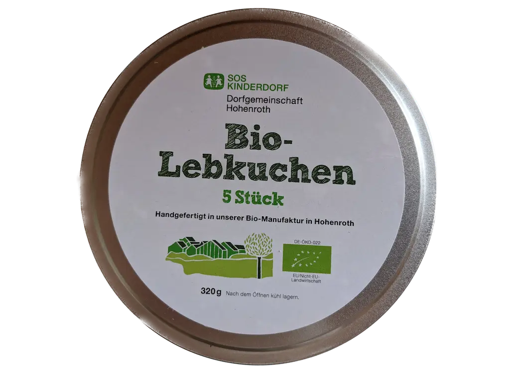 Dosendeckel der Bio-Lebkuchen mit aufgeklebtem Etikett