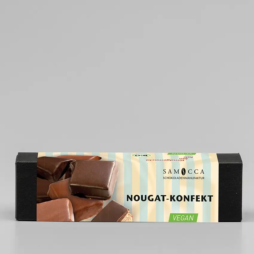 Verpackung des Nougat Konfekts, das viereckig darauf abgebildet ist