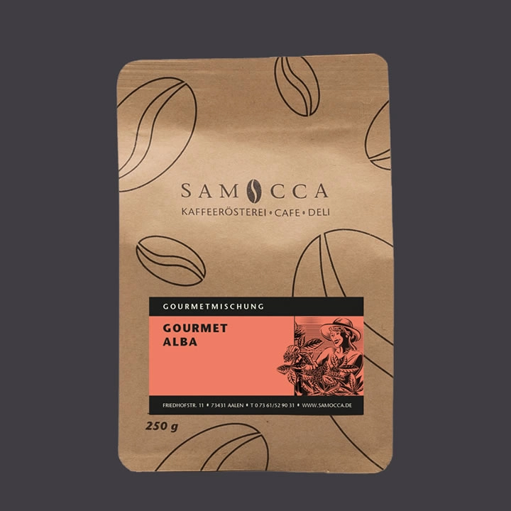 250 Gramm Papier-Kaffeepackung der Sorte "Gourmet Alba" der Genussmanufaktur Samocca