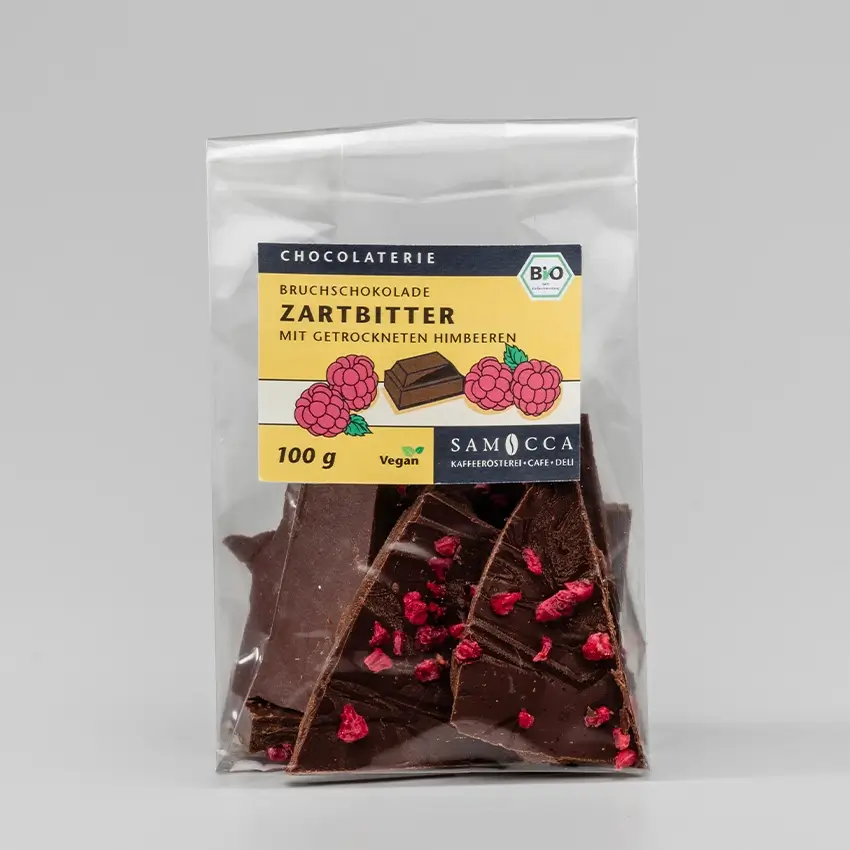 SAMOCCA Zartbitter Schokolade mit getrockneten Himbeeren, vegan, 100g