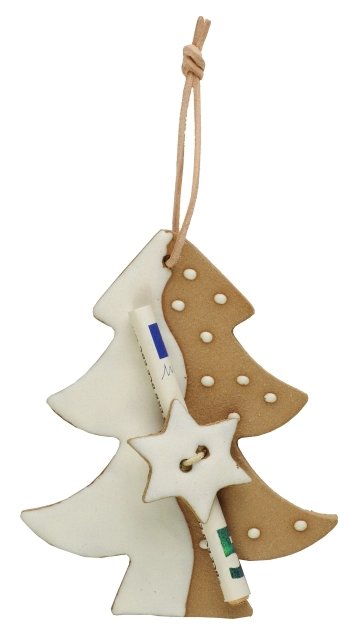 Dekorativer Tannenbaum aus braunem Ton und weißer Glasur mit weißem Stern als Geldgeschenkverpackung