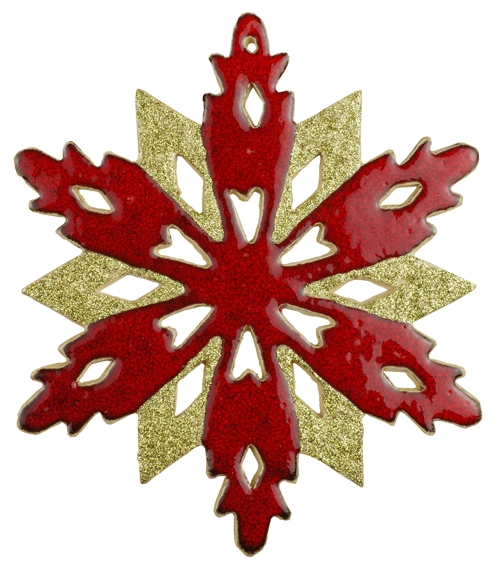 Große detailreiche Schneeflocke aus weißem Ton und rot-goldener Glasur zum Aufhängen
