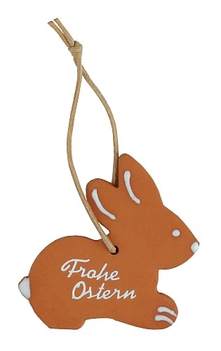 Tonanhänger mit Kordel in Form eines Hasen mit der Aufschrift "Frohe Ostern"