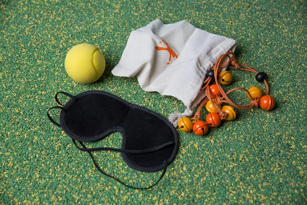 Stoffsack mit gelbem Ball, 2 orangene Glöckchenbänder, 1 schwarze Augenbinde