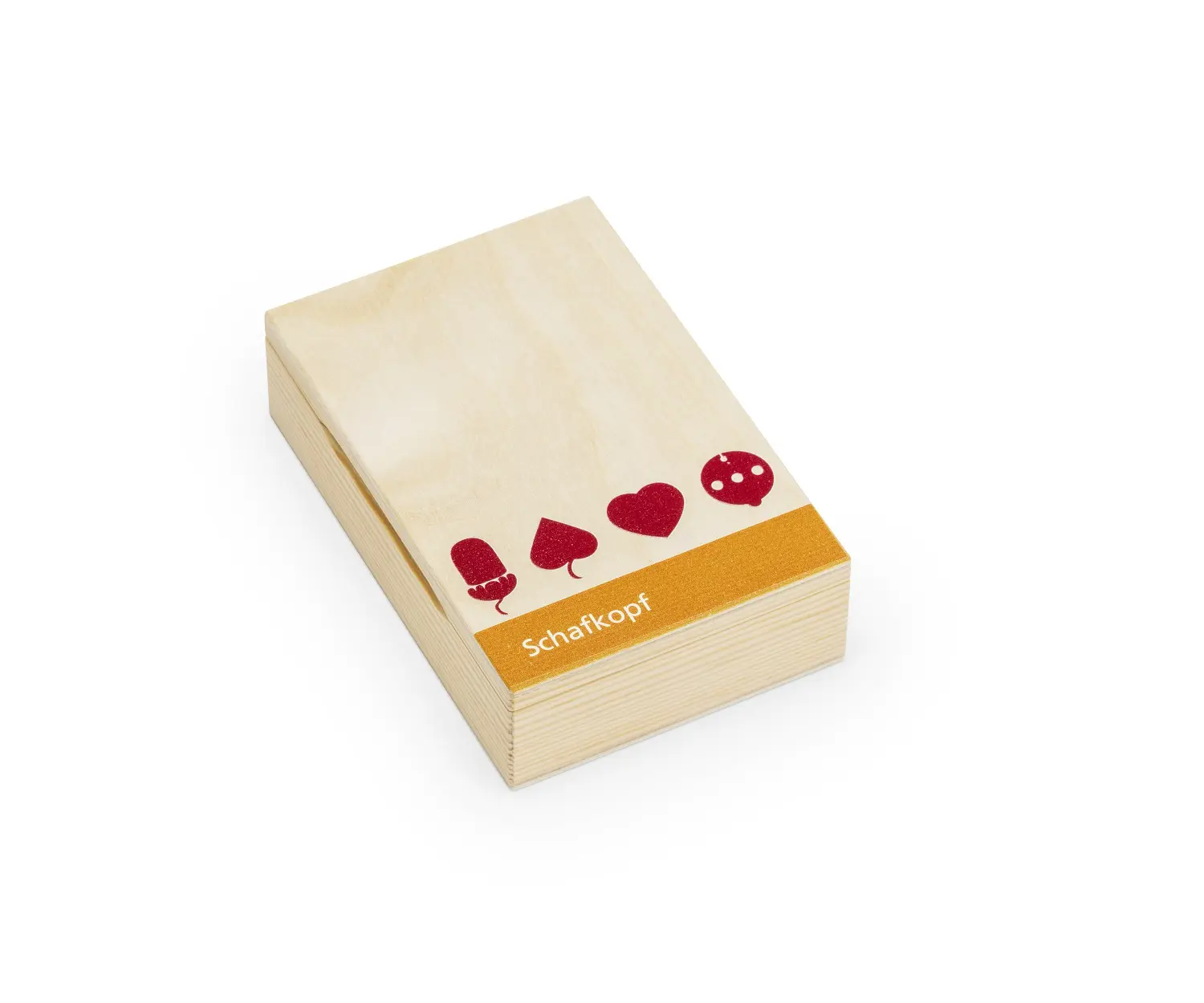 Kartenbox aus Holz mit der Schrift Schafkopf und Spielsymbolen