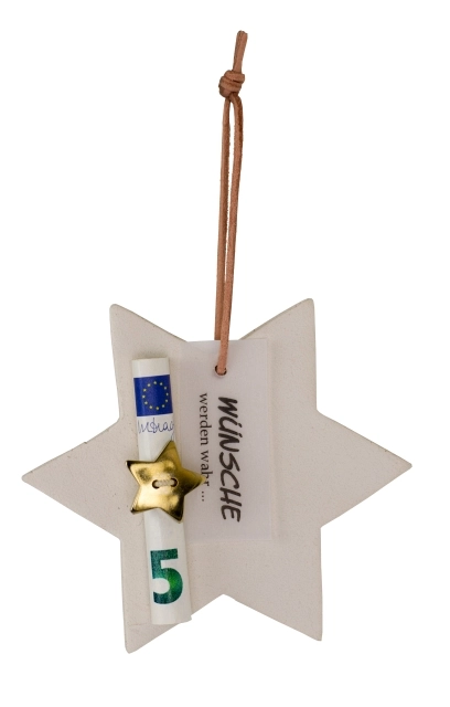 Geldgeschenkverpackung in Form eines dekorativen weißen Tonsterns mit Aufschrift "Wünsche werden wahr" und angebrachtem Geldschein