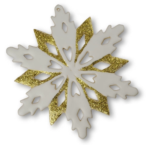 Große detailreiche Schneeflocke aus weißem Ton und weiß-goldener Glasur zum Aufhängen
